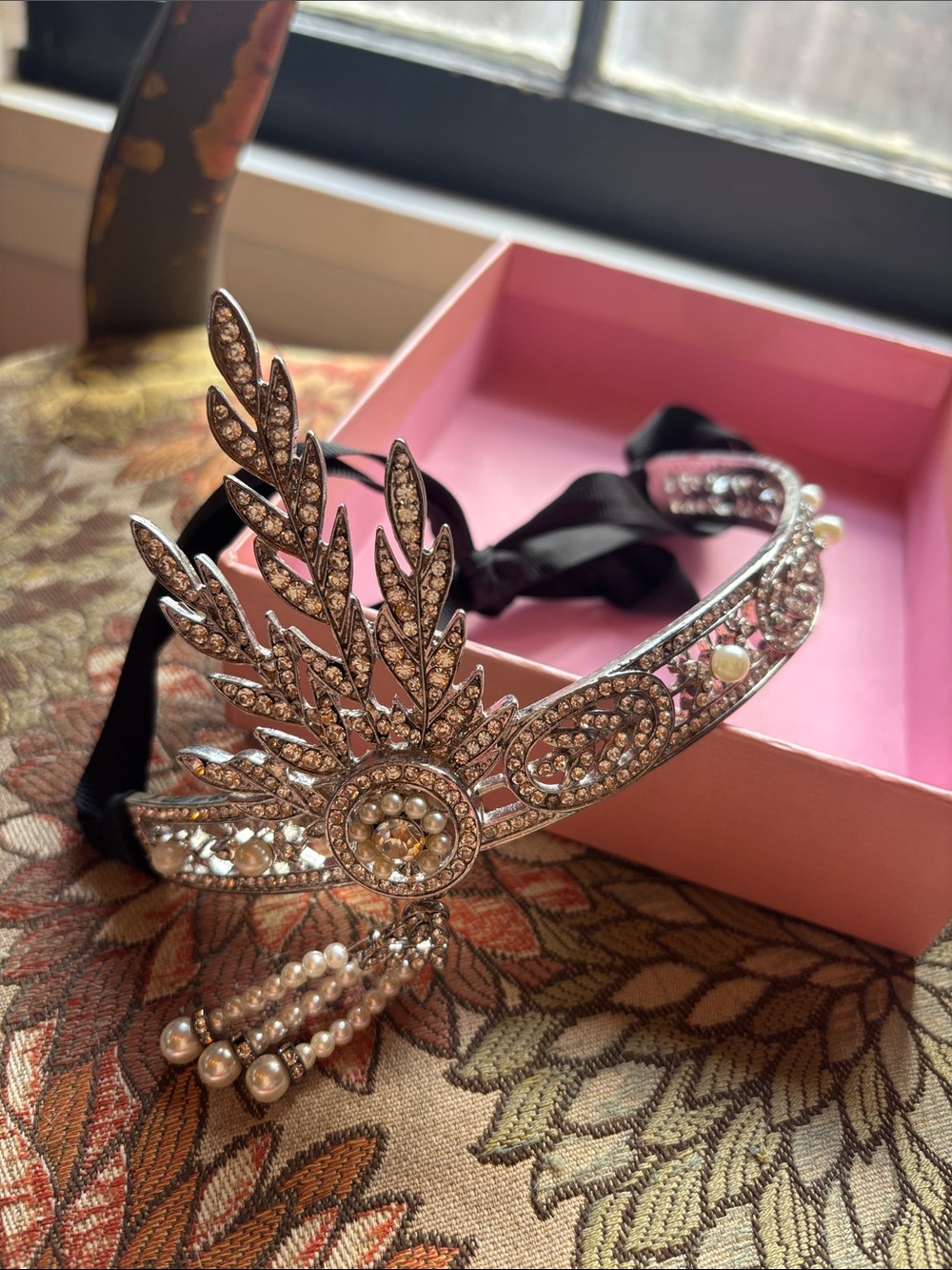 Rhinestone Silver Tiara Headband with Black Band